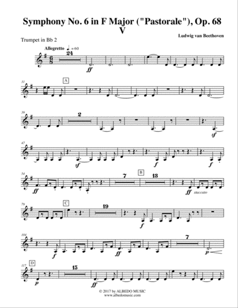 Beethoven Symphony No. 6, Pastorale, Movement V - Trumpet in Bb 2 (Transposed Part), Op. 68 B-Flat Trumpet scores gallery preview page 1