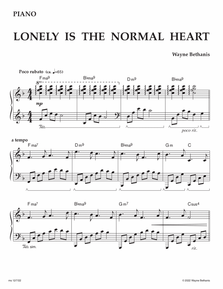 Lonely Is The Normal Heart Piano scores gallery preview page 1