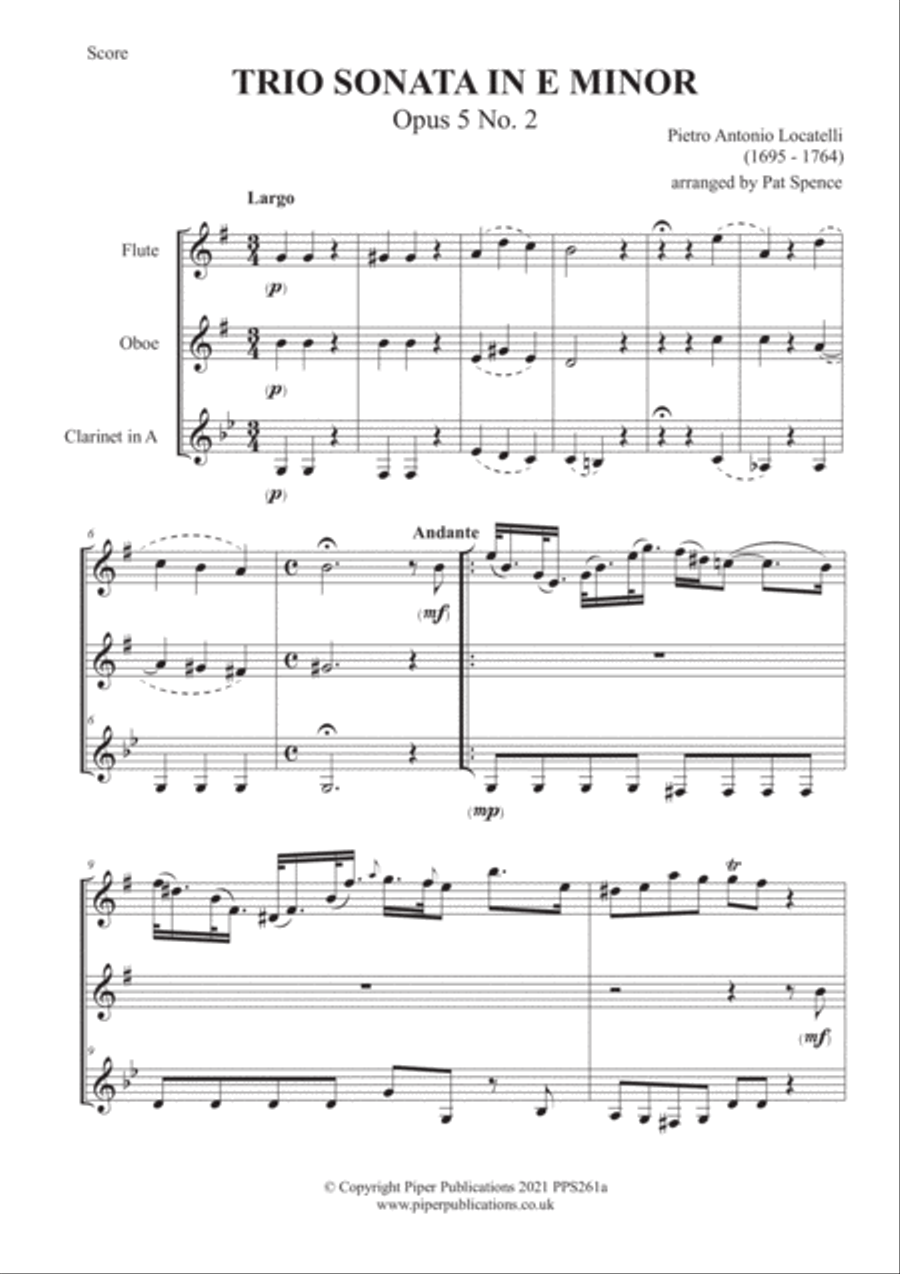 LOCATELLI TRIO SONATA IN E MINOR OPUS 5 No. 5 for flute, oboe & clarinet Woodwind Trio scores gallery preview page 2