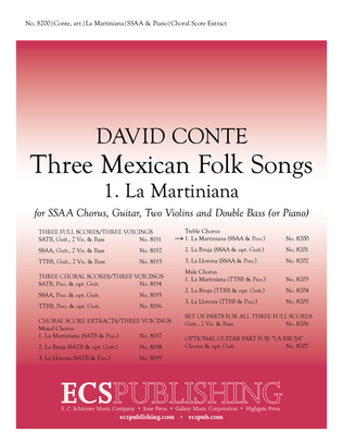 Book cover for Three Mexican Folk Songs: 1. La Martiniana (Piano/Choral Score)