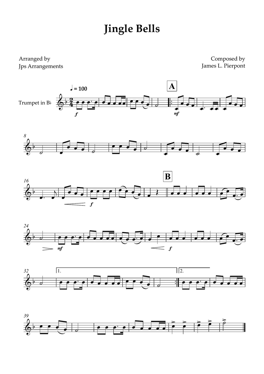 Jingle Bells for Trumpet B-Flat Trumpet scores gallery preview page 1