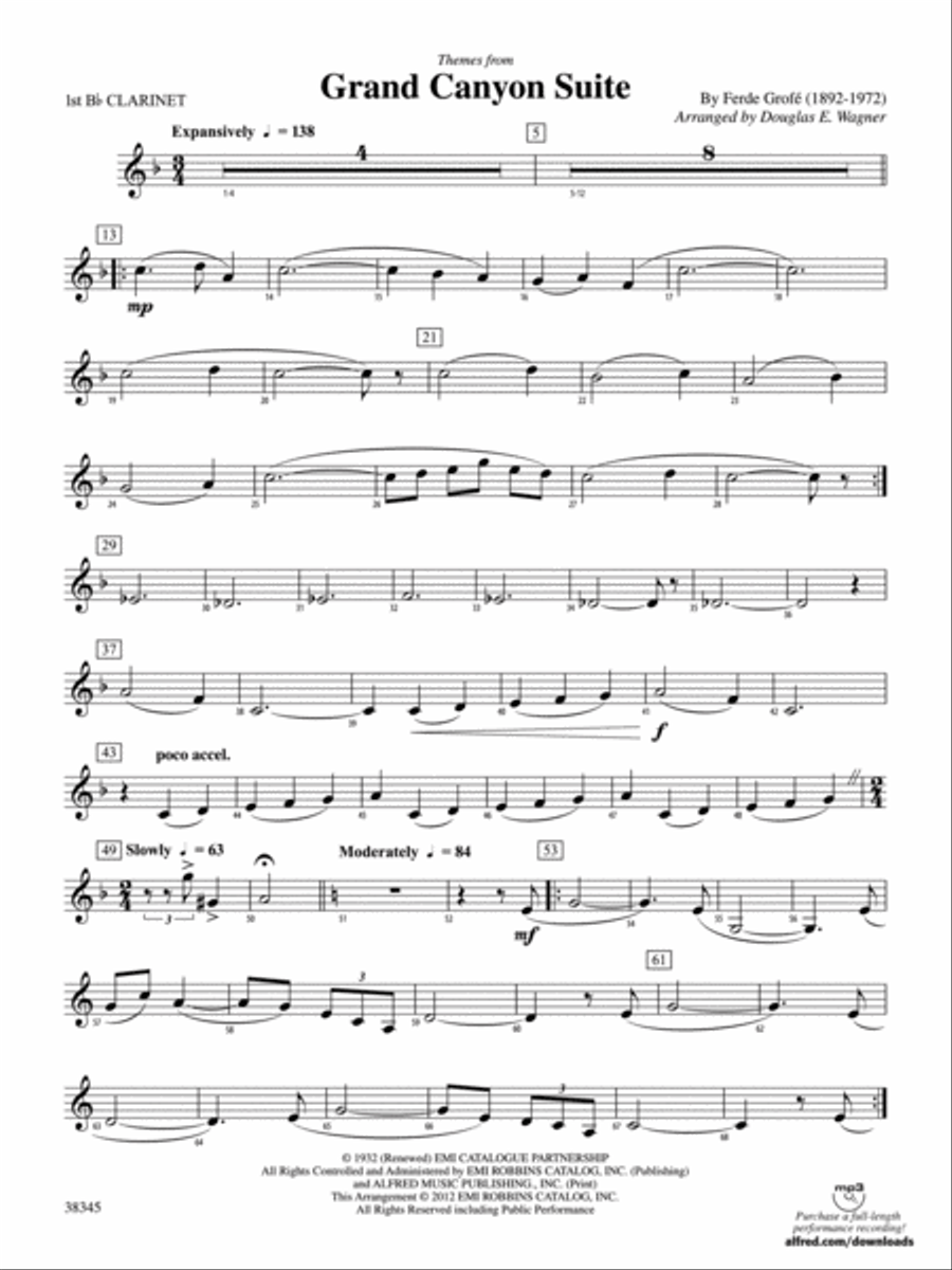 Grand Canyon Suite, Themes from: 1st B-flat Clarinet Concert Band scores gallery preview page 1