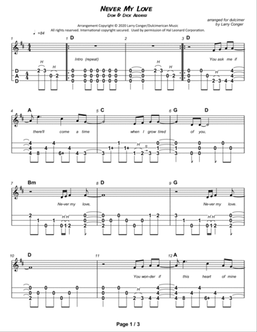 Never My Love Dulcimer scores gallery preview page 2