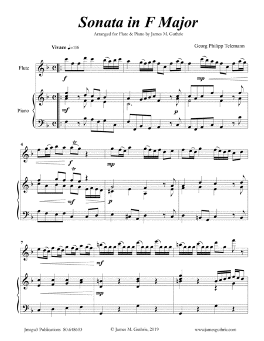 Telemann: Sonata in F Major for Flute & Piano Flute Solo scores gallery preview page 1