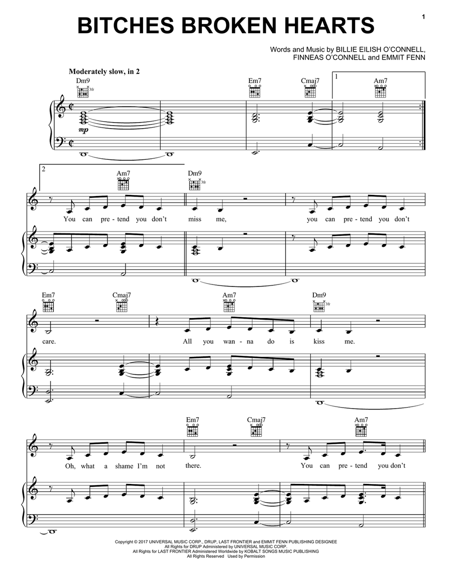 Bitches Broken Hearts Piano, Vocal, Guitar scores gallery preview page 1