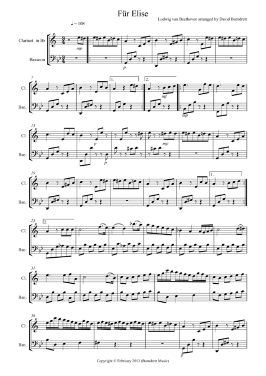 Für Elise for Clarinet and Bassoon Duet Woodwind Duet scores gallery preview page 1