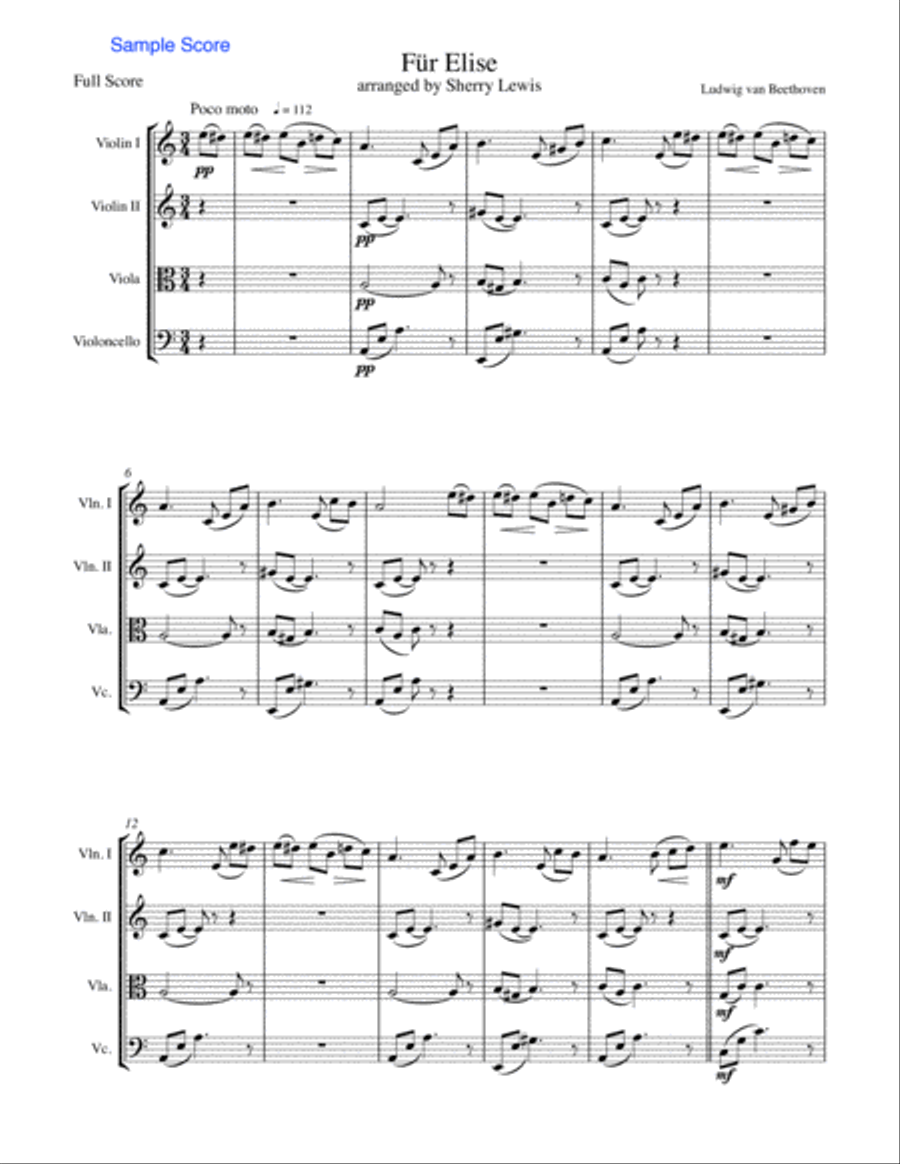 FUR ELISE, FÜR ELISE, String Quartet, Intermediate Level for 2 violins, viola and cello String Quartet scores gallery preview page 3