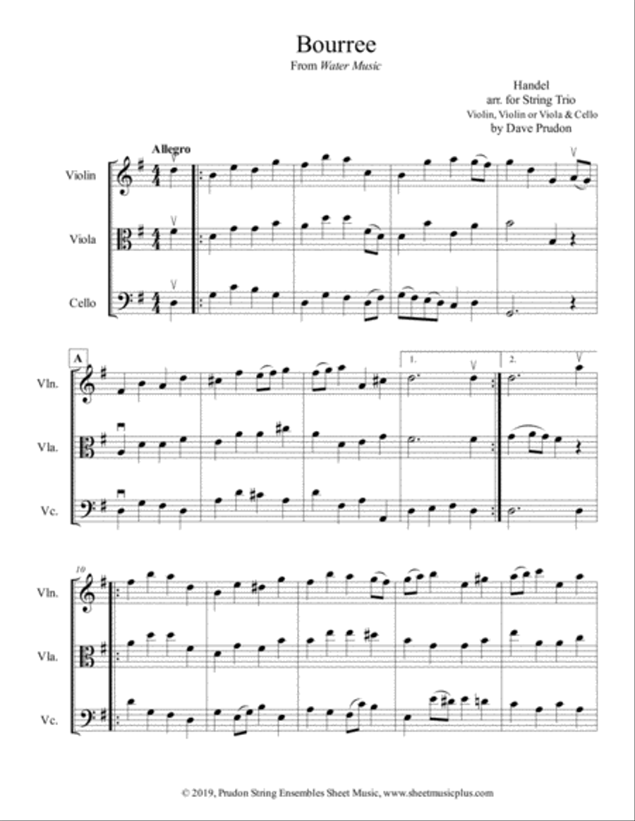 Bourree from Water Music for String Trio String Trio scores gallery preview page 1