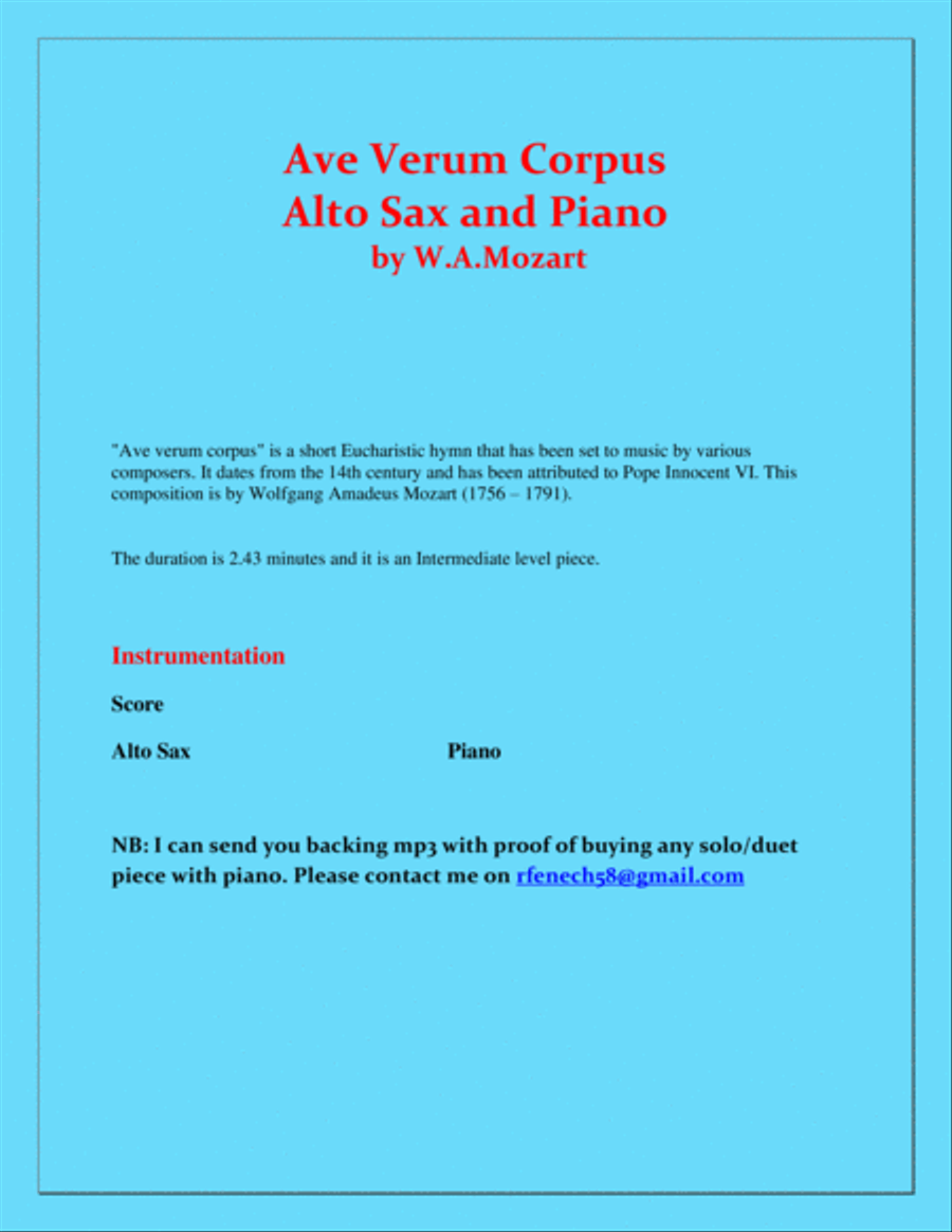 Ave Verum Corpus - Alto Sax and Piano - Intermediate level Alto Saxophone scores gallery preview page 2