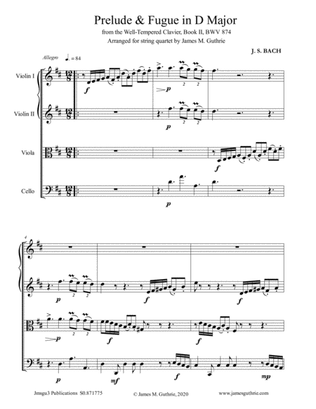 BACH: Prelude & Fugue No. 5 in D Major, BWV 874 for String Quartet
