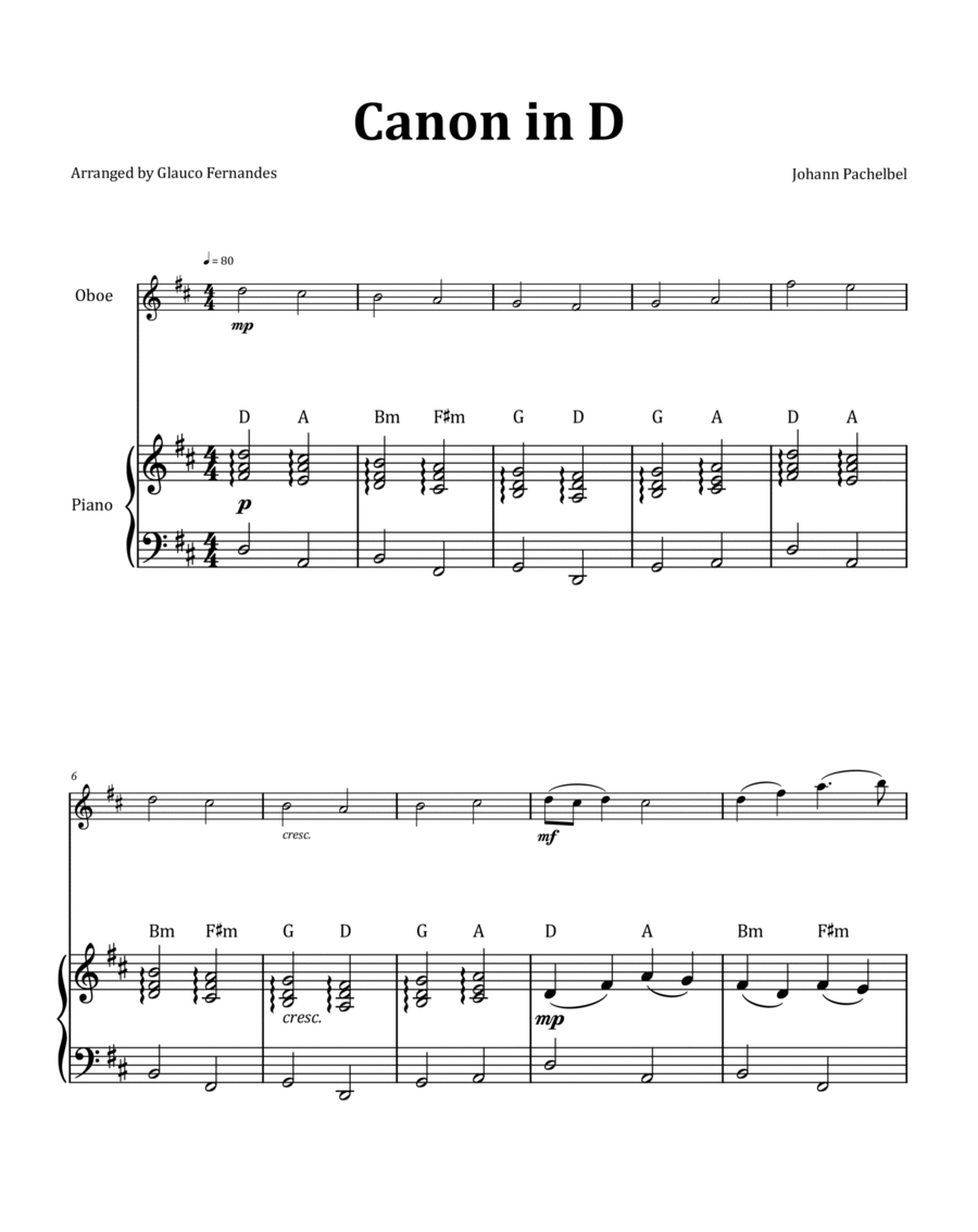 Canon by Pachelbel - Oboe & Piano and Chord Notation image number null