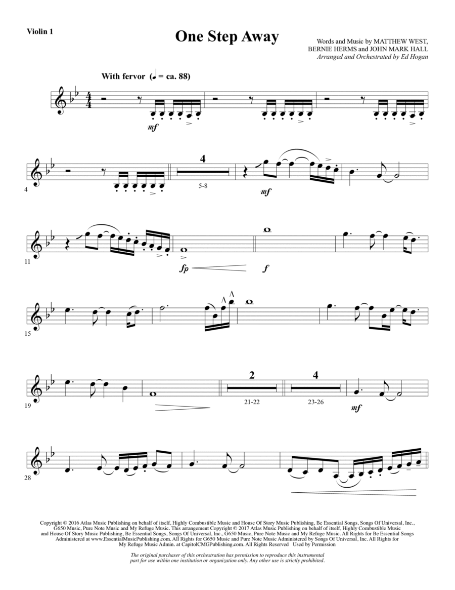 One Step Away - Violin 1 Choir scores gallery preview page 1