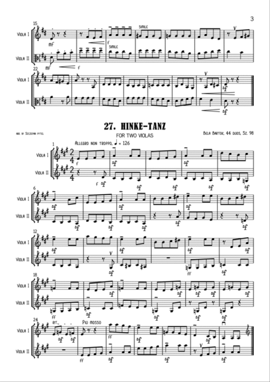 Bela Bartok 44 Duos for Two Violin, Sz. 98 arranged for 2 Violas (viola duet) or Violin & Viola by S String Duet scores gallery preview page 3