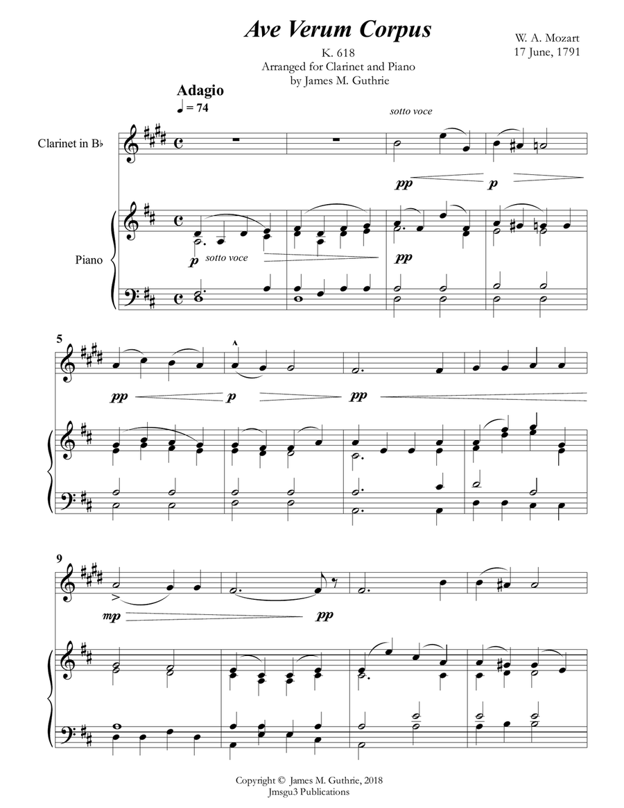Mozart: Ave Verum Corpus for Clarinet & Piano B-Flat Clarinet scores gallery preview page 1