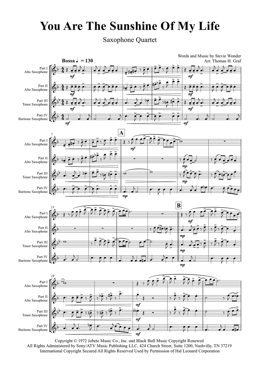 You Are The Sunshine Of My Life Saxophone Quartet scores gallery preview page 1