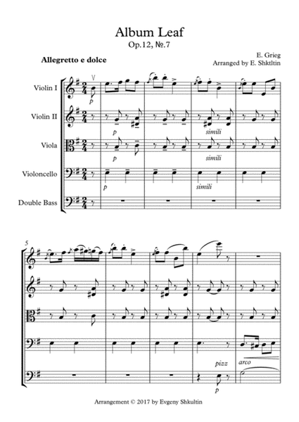 Album Leaf from ''Lyric Pieces'' Op.12, №7 - String Quartet/Ensemble