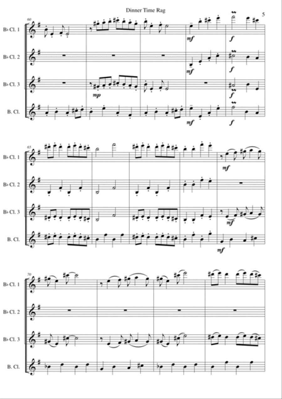 Dinner Time Rag for clarinet quartet (3 B-flat clarinets, 1 bass clarinet) Clarinet Quartet scores gallery preview page 5