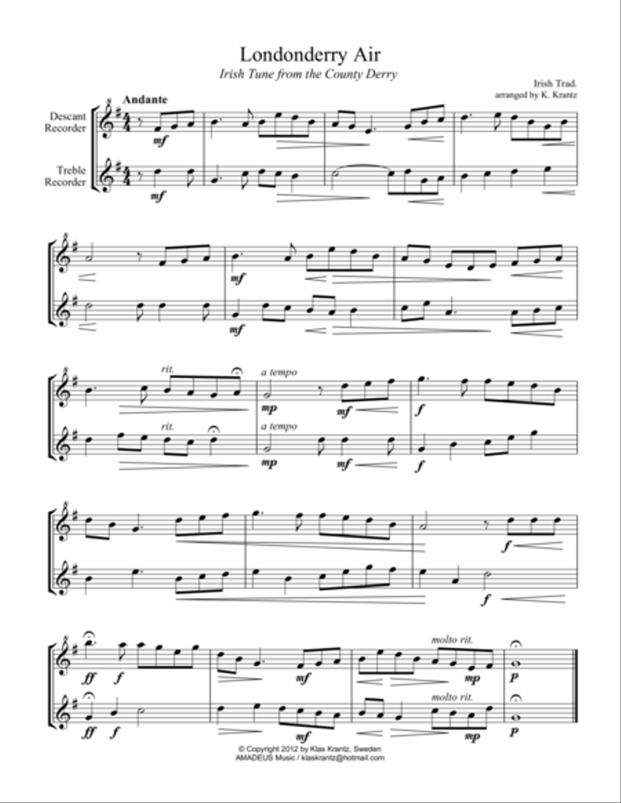 Londonderry Air for recorder duet (Descant, Treble) Woodwind Duet scores gallery preview page 1