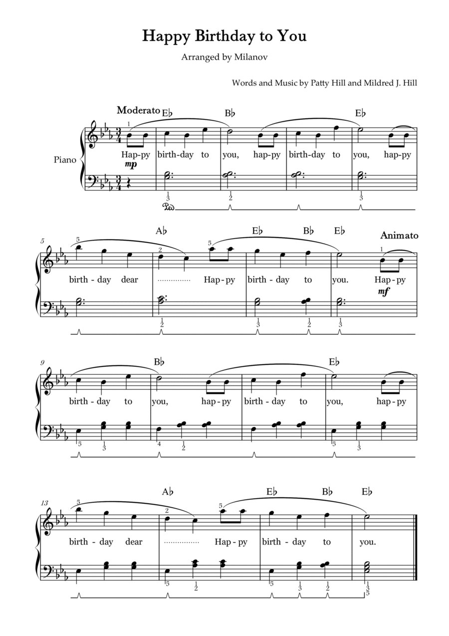 Happy Birthday to You in Eb Piano Easy Intermediate Chord Fingering Lyrics Pedal Easy Piano scores gallery preview page 1