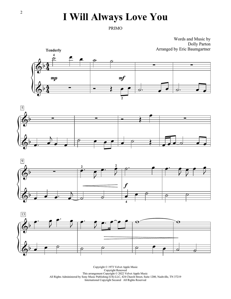 I Will Always Love You (arr. Eric Baumgartner) 1 Piano, 4-Hands scores gallery preview page 2