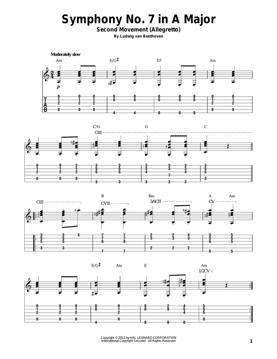 Symphony No. 7 In A Major, Second Movement (Allegretto) Acoustic Guitar scores gallery preview page 1