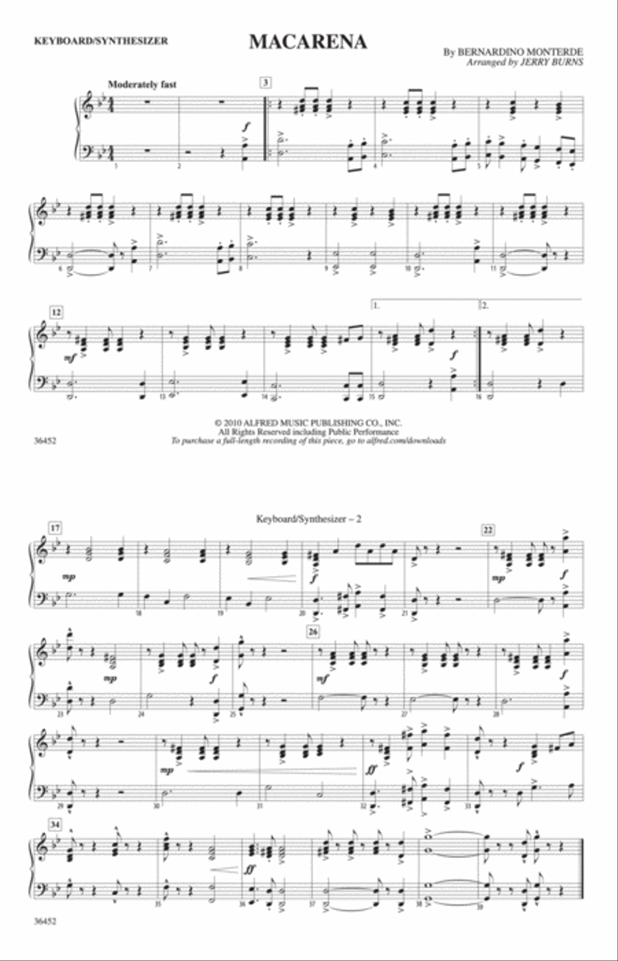 Macarena: Keyboard/Synthesizer Marching Band scores gallery preview page 1