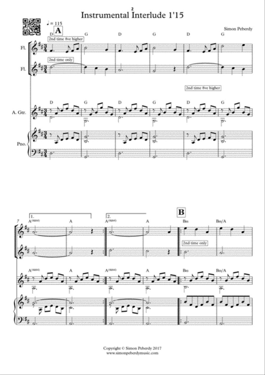 Instrumental Interludes, Book 3 (5 pieces), for 2 flutes, guitar and/or piano by Simon Peberdy Small Ensemble scores gallery preview page 3