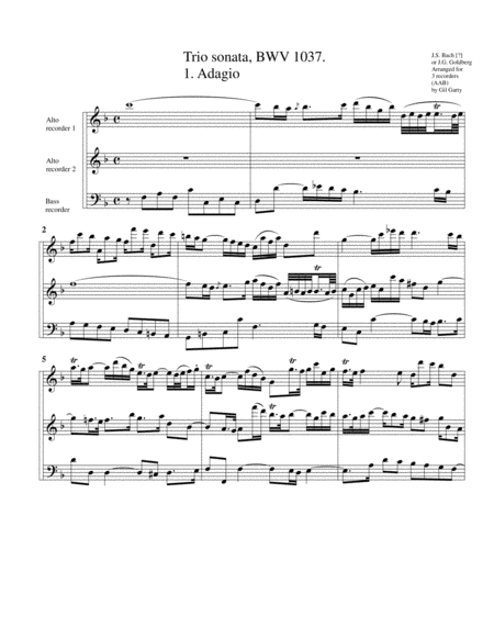 Trio sonata, BWV 1037 (arrangement for 3 recorders) by Gil Garty Recorder - Digital Sheet Music