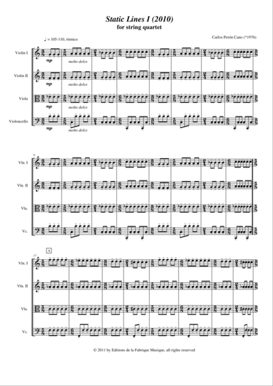 Carlos Perón Cano: Static Lines I (2003) for string quartet String Quartet scores gallery preview page 2