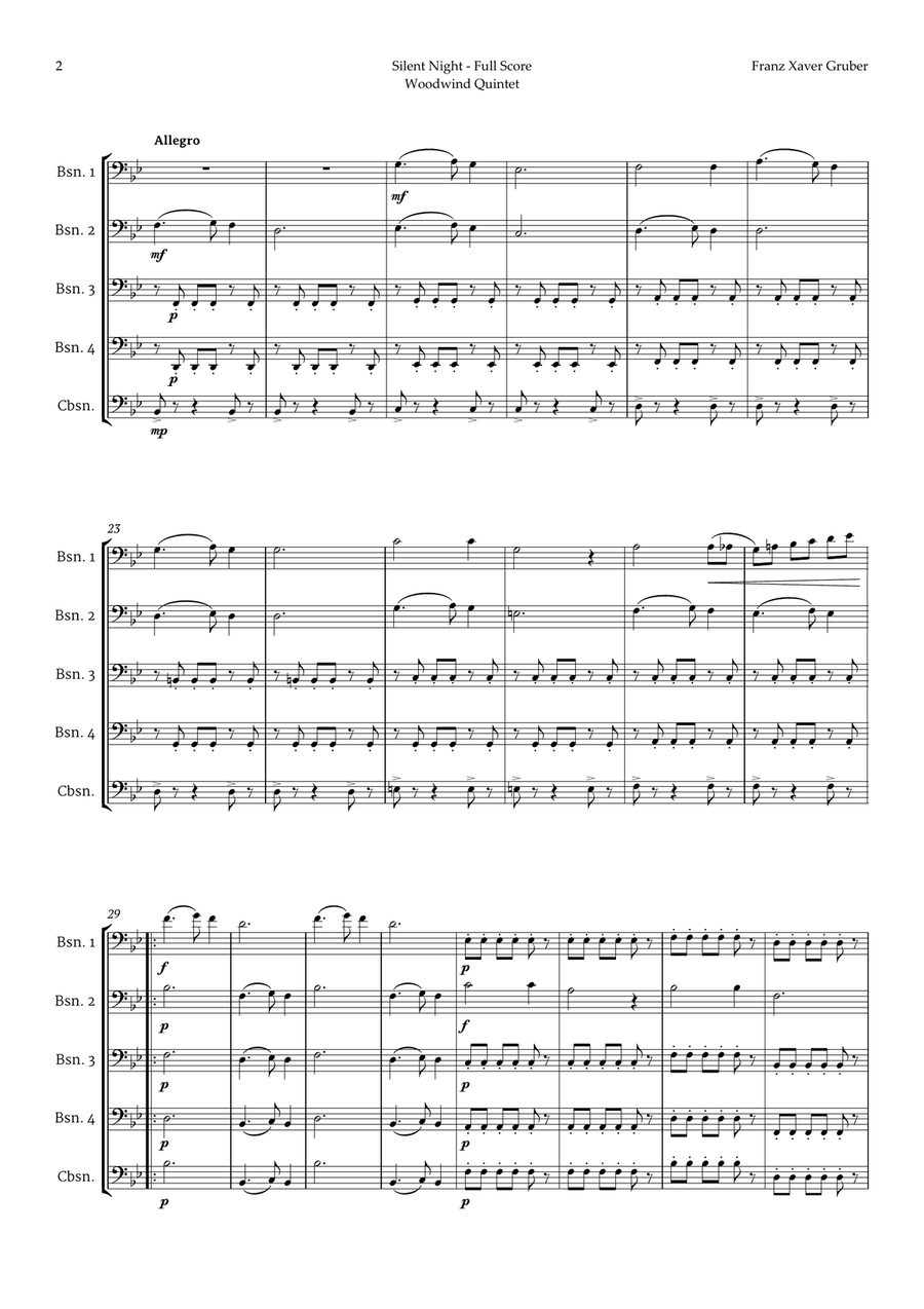 Silent Night by Franz Gruber for Bassoon Quintet Woodwind Quintet scores gallery preview page 2