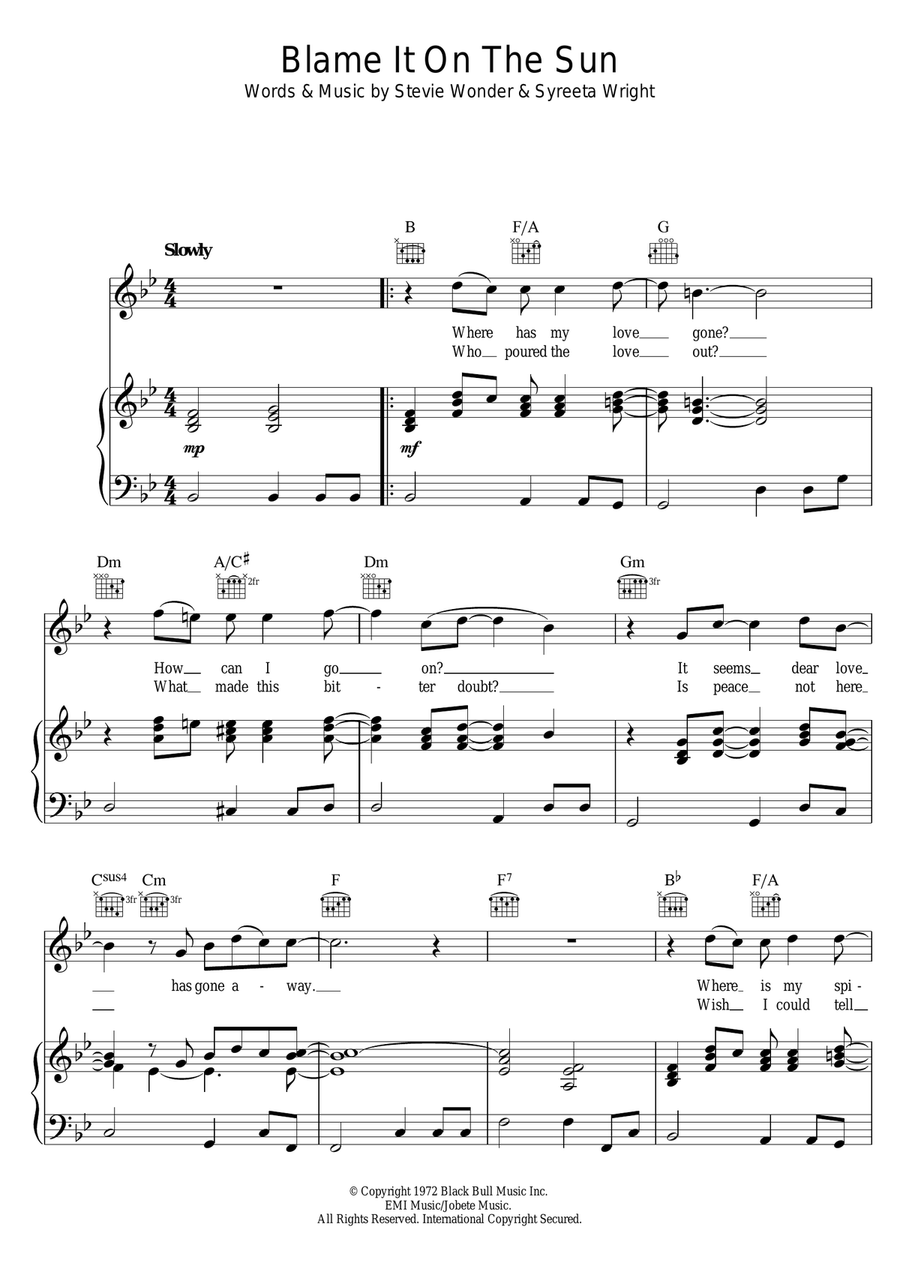 Blame It On The Sun by Stevie Wonder Piano, Vocal - Digital Sheet Music
