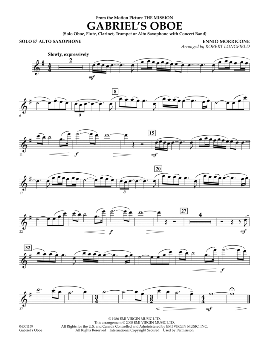 Gabriel's Oboe (from The Mission) - Solo Eb Alto Saxophone Alto Saxophone scores gallery preview page 1