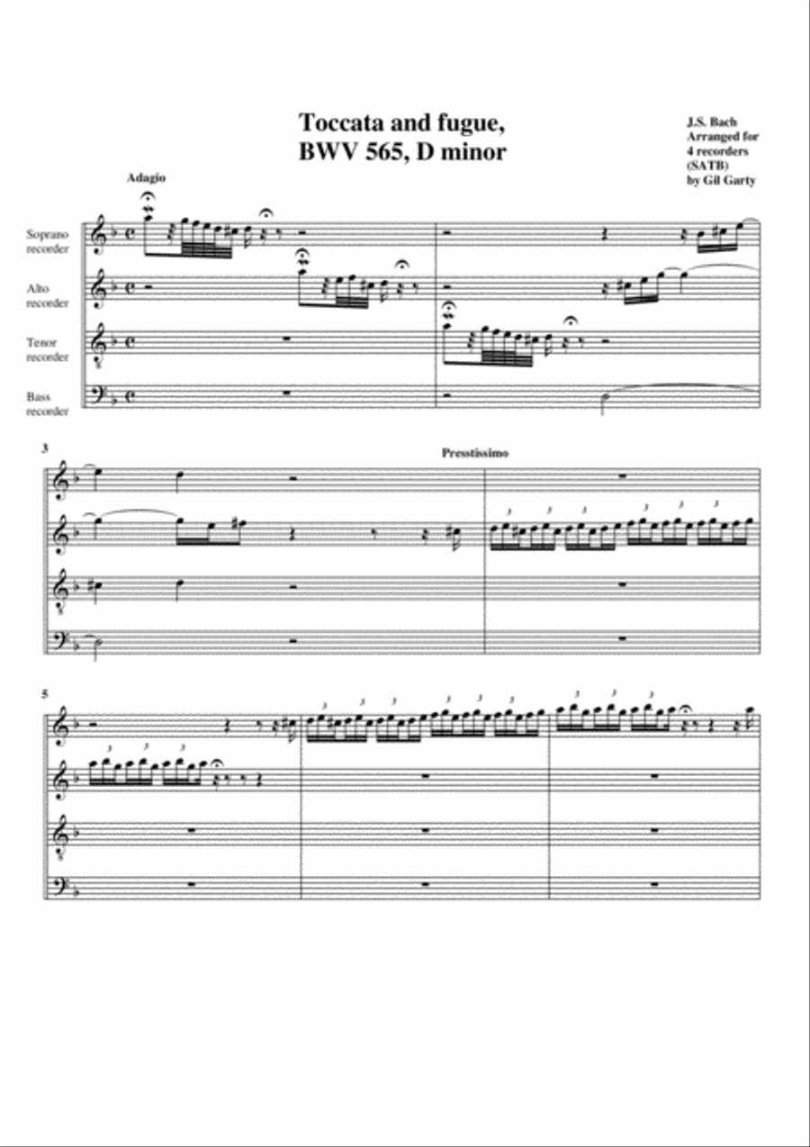 Toccata and fugue, BWV 565 (arrangement for 4 recorders) Recorder scores gallery preview page 1