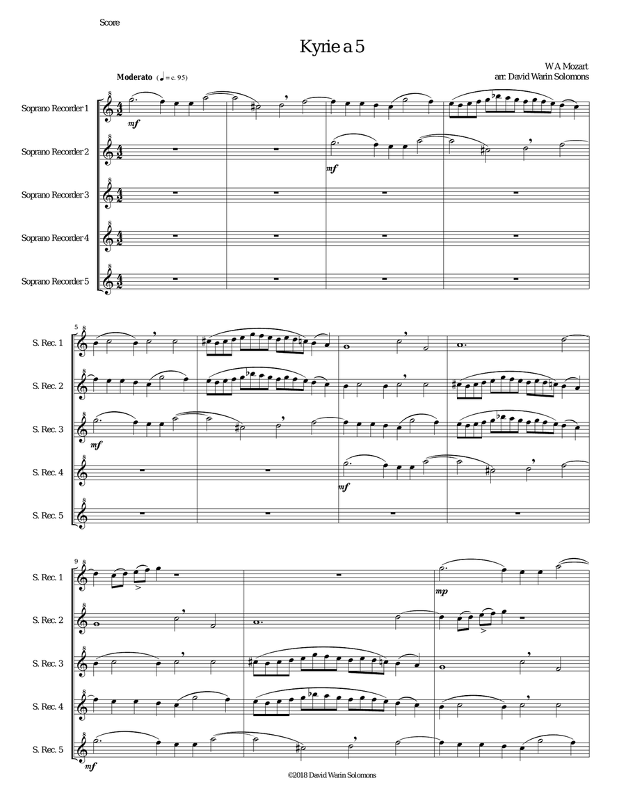 Mozart Kyrie canon a 5 arranged for 5 soprano recorders Soprano Recorder scores gallery preview page 1