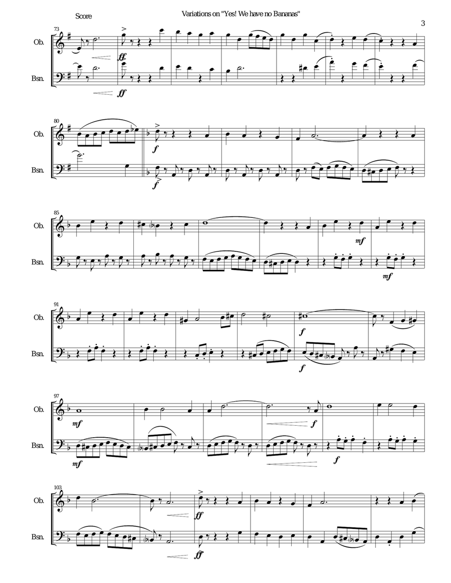Variations on Yes We Have No Bananas for oboe and bassoon Woodwind Duet scores gallery preview page 3