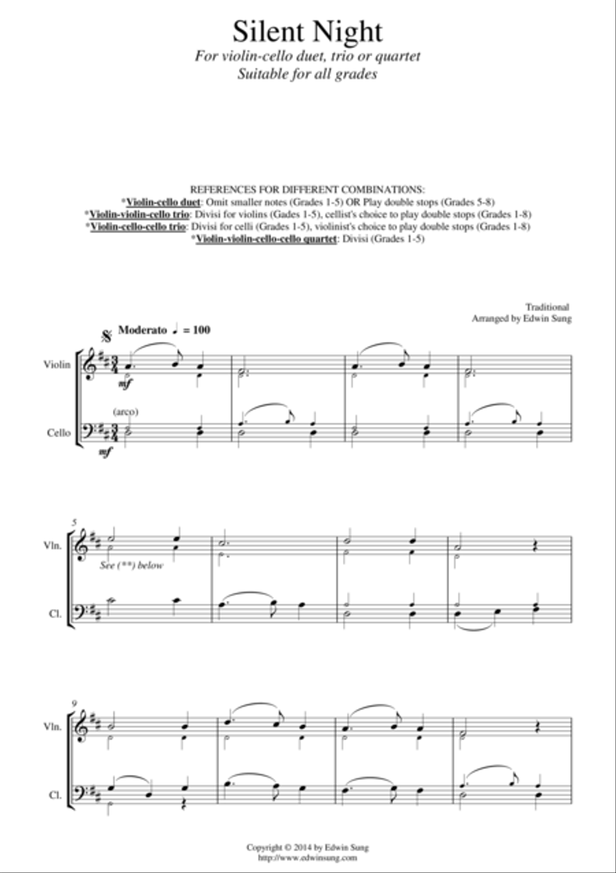 Silent Night (for violin-cello duet, trio or quartet. Suitable for ALL grades) String Quartet scores gallery preview page 1