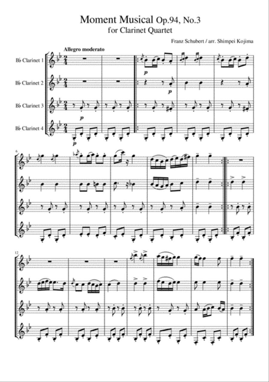 Schubert : Moment Musical (Moments Musicaux) op.94, No.3 for Clarinet Quartet Clarinet Quartet scores gallery preview page 1
