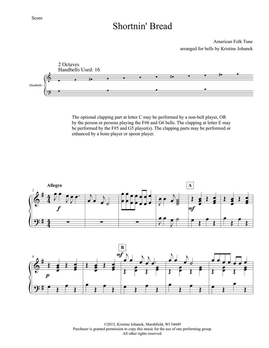 Shortnin' Bread (2 Octave Handbell, Hand Chimes or Tone Chimes) 2-Octaves scores gallery preview page 2
