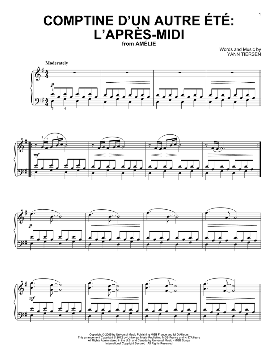 Comptine D'Un Autre Ete Piano Solo scores gallery preview page 1