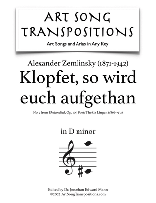 Book cover for ZEMLINSKY: Klopfet, so wird euch aufgethan, Op. 10 no. 5 (transposed to D minor)