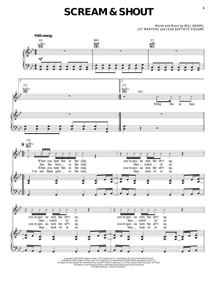 Scream & Shout Piano, Vocal, Guitar scores gallery preview page 1