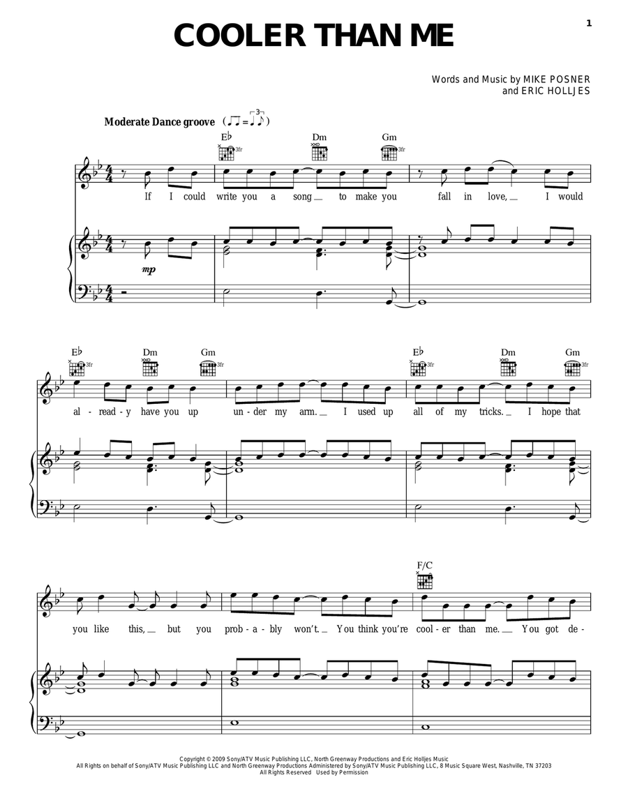 Cooler Than Me Piano, Vocal, Guitar scores gallery preview page 1