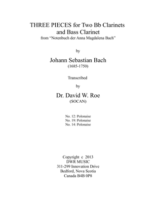 Book cover for Three Pieces for 2 Bb Clarinets and Bass Clarinet by Johann Sebastian Bach