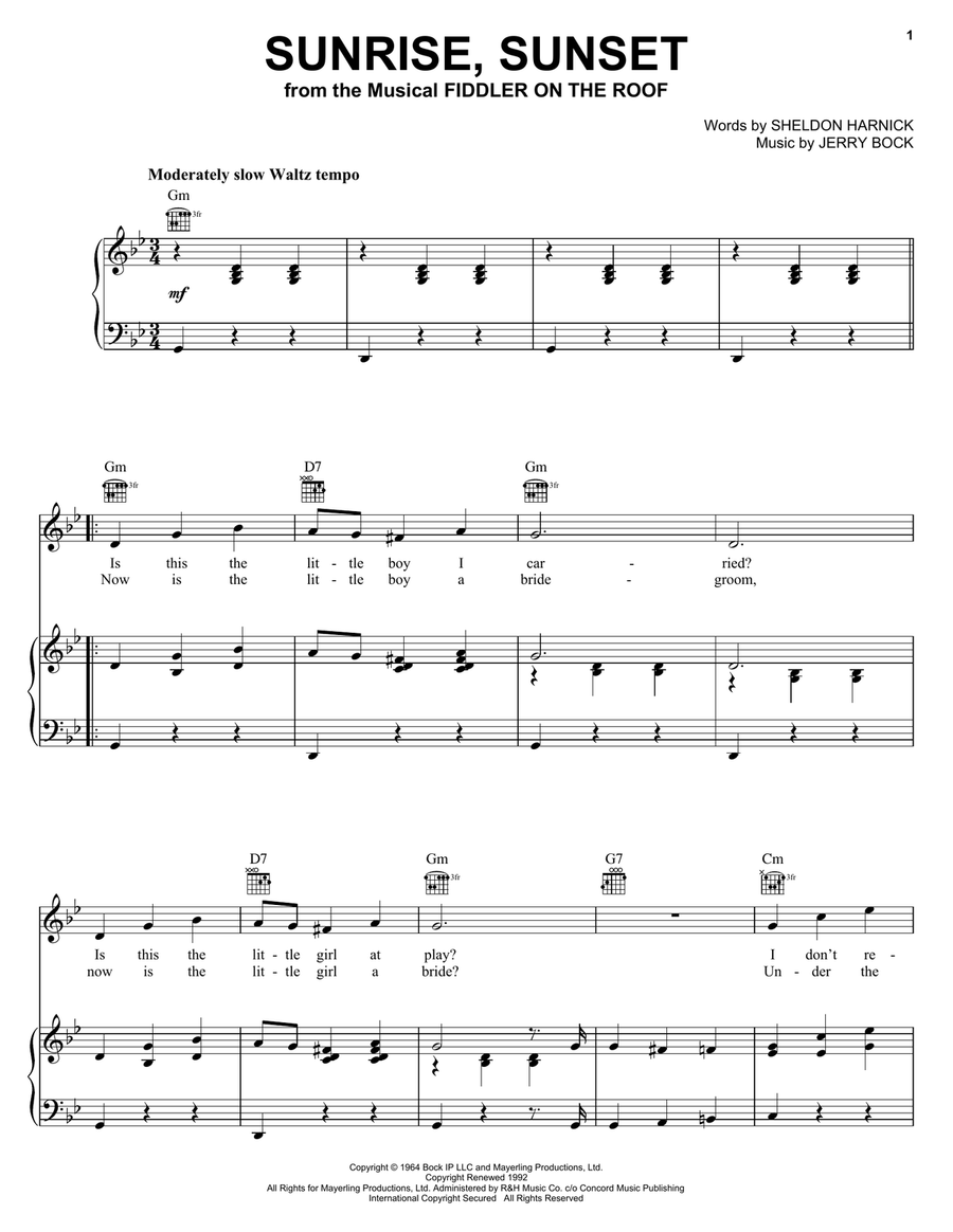 Sunrise, Sunset Sunrise, Sunset Piano, Vocal, Guitar scores gallery preview page 1