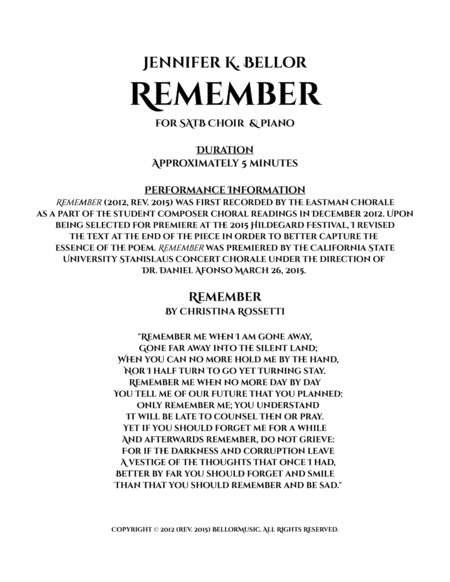 Remember (2012, rev. 2015) - SATB choir and piano, text by Christina Rossetti (1830-1894) image number null