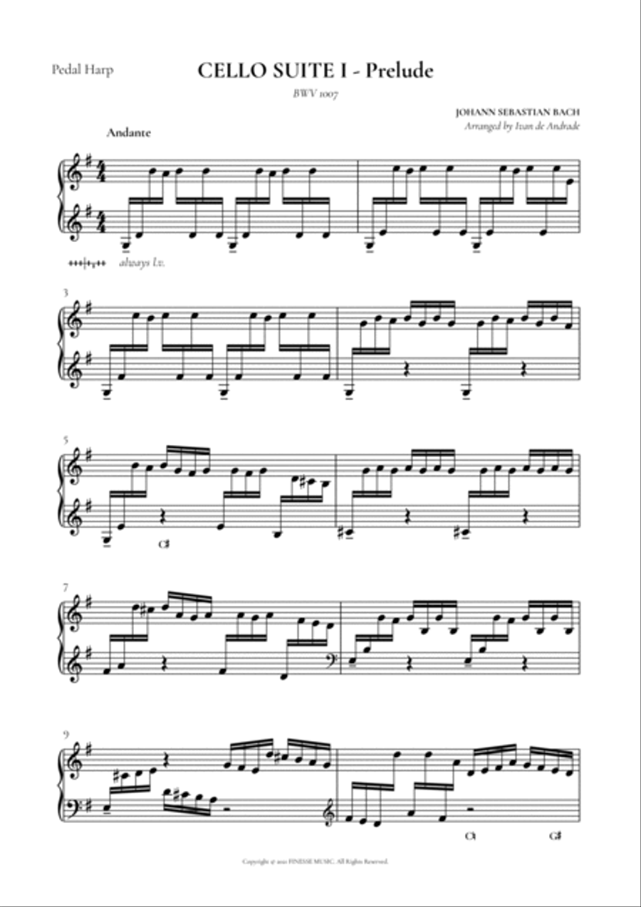Cello Suite No. 1 (Prelude) For Pedal Harp Cello scores gallery preview page 3