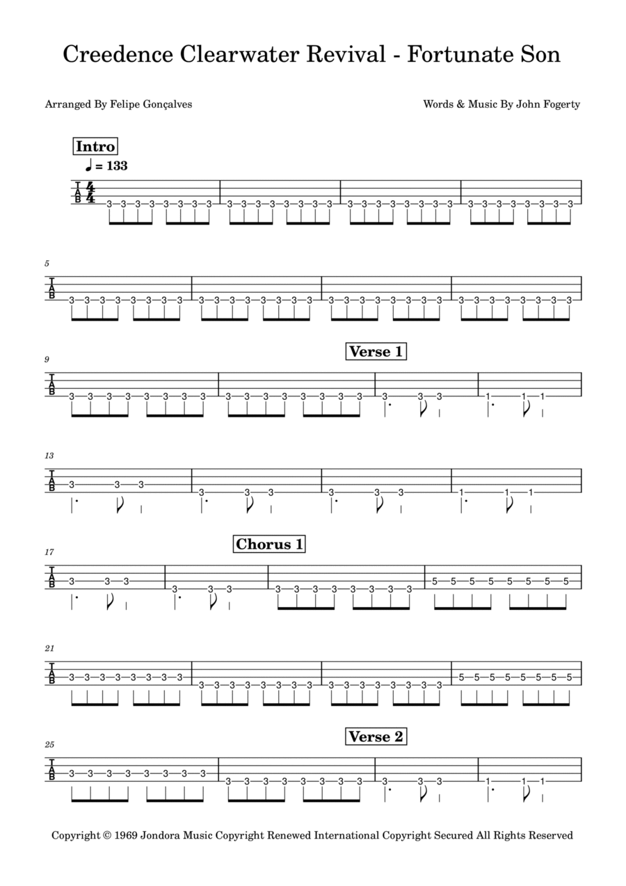 Fortunate Son Bass Guitar Tablature scores gallery preview page 1
