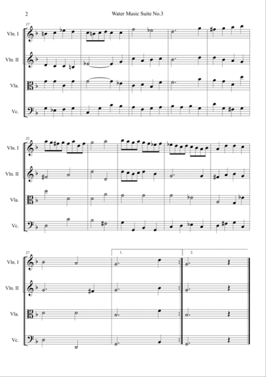 Water Music Suite No.3 18 HWV 350 String Quartet scores gallery preview page 2
