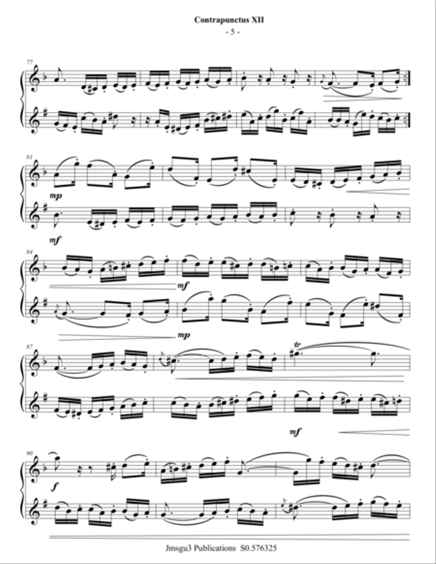 Bach: Four Duets from the Art of Fugue for Violin & Bass Clarinet Bass Clarinet scores gallery preview page 5