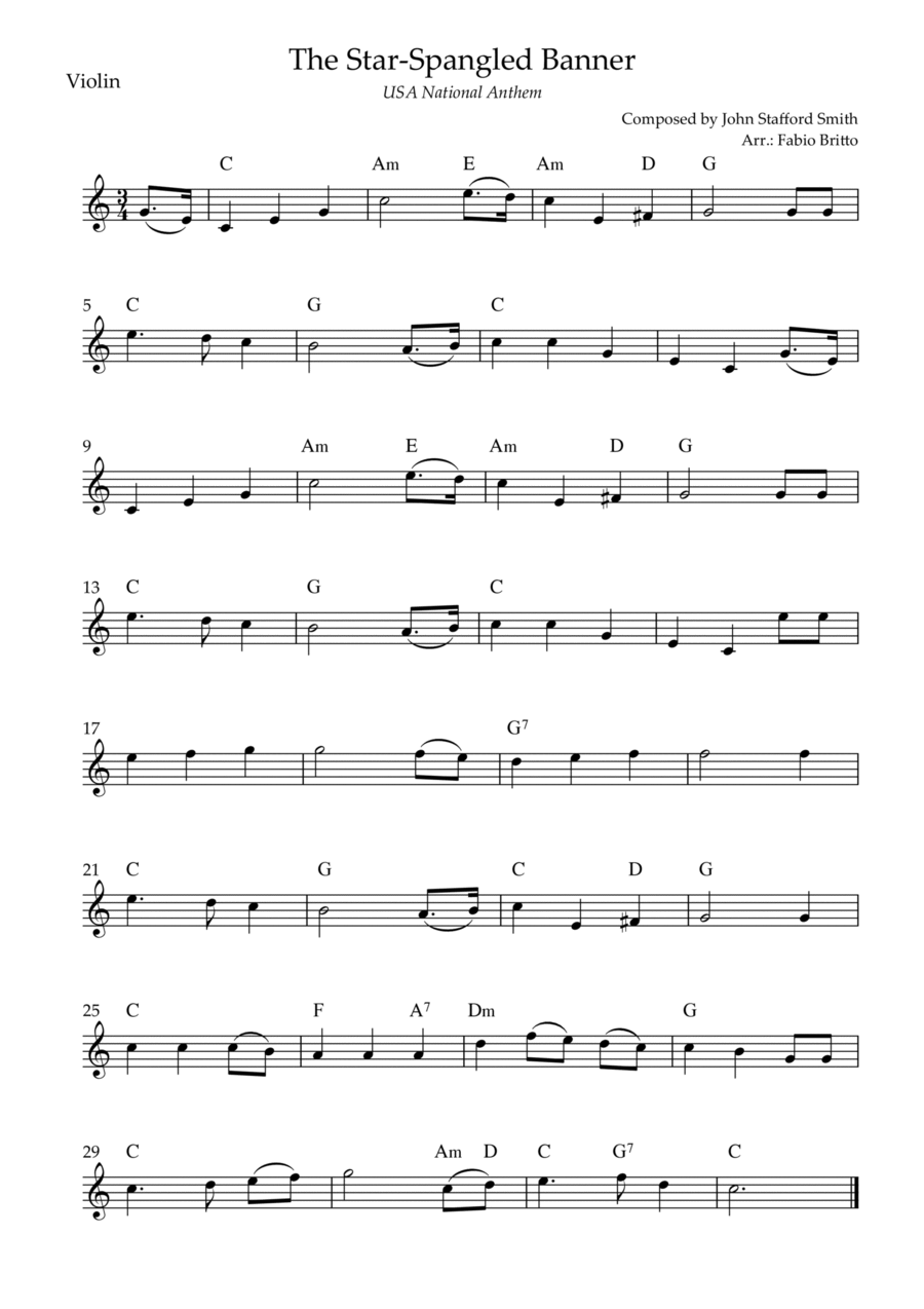 The Star Spangled Banner (USA National Anthem) for Violin Solo with Chords (C Major)